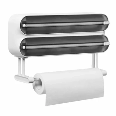 Afbeelding van Quasziwa Wandrolhouder Keuken 3 weg Foliesnijder Verbeterde vershoudfoliedispenser met snijder Magnetische foliedispenser keukenrolhouder Inclusief 50 m vershoudfolie, zwart