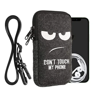 Afbeelding van kwmobile Tasje voor smartphones L 6,5&quot; Hoesje van vilt in wit / donkergrijs Phone case met nekkoord Don&#039;t Touch My design