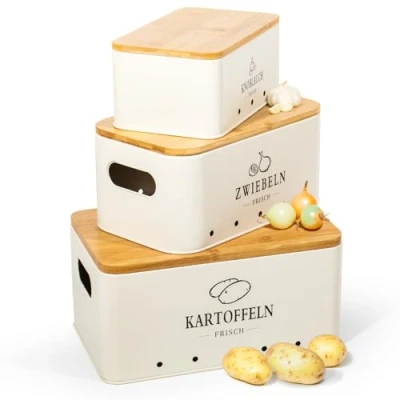 Afbeelding van Theo&amp;Cleo Aardappelopbergdoos, 3 delige set, keukenopslag voor aardappelen, uien en knoflook, houdt langer vers (mat beige)