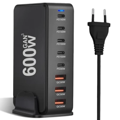 Afbeelding van 600 W USB C oplader, 8 poort, snellader, adapter, meervoudige oplader met GaN III en PD 3.1, 5 3 A 3.1 140 voeding voor MacBook, iPhone, laptop, iPad, Samsung