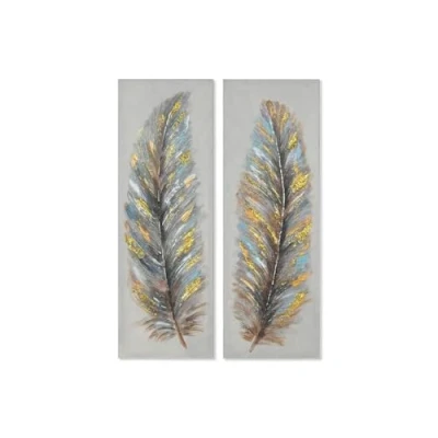 Afbeelding van Schilderij Home ESPRIT Blauw Gouden Canvas Hout MDF Veren Traditioneel 30 x 3 90 cm (2 Stuks)