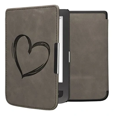Afbeelding van kwmobile e reader hoesje compatibel met Pocketbook Touch Lux 3/Basic Lux/Basic 2 Kunstleren ereader cover stand Brushed Hart in grijs