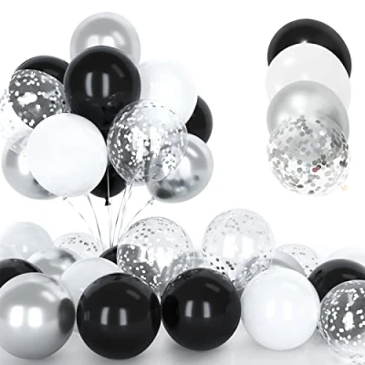Afbeelding van 30 Stuks Zilveren en Witte Ballonnen, 12 inch Metallic Chroom Confetti Ballonnen Zwarte Latex met lint voor Verjaardag Bruiloft Kinderen Baby Shower Party Decoraties