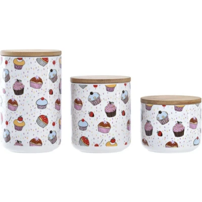 Afbeelding van Set van 3 Potjes DKD Home Decor Natuurlijk Wit Multicolour Bamboe Keramiek Cupcake (3 Onderdelen)