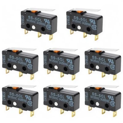 Afbeelding van CESFONJER Micro Switch, 8 stuks schakelaars SS 5GL, 5A 250V Limit schakelaar, 3 pins terminals Lange rechte scharnier hendel (zwart)