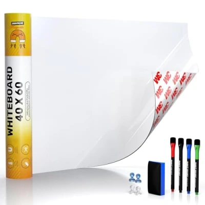 Afbeelding van whiteboardfolie 40 x 60 cm 3M magneetfolie zelfklevend magnetische bordfolie afwasbaar praktische ferrofolie wit incl. 4 markers, gummen en pinnen