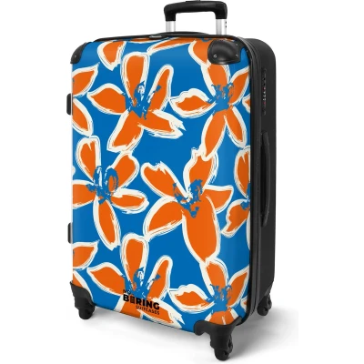 Afbeelding van NoBoringSuitcases.com® Koffer groot Rolkoffer lichtgewicht Blauw met oranje bloemen Reiskoffer 4 wielen Grote trolley XL 20 kg bagage