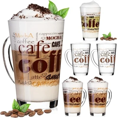 Afbeelding van PLATINUX Koffieglazen met motief max. 350 ml set 6 delig van glas latte macchiato glazen handvat cappuccino