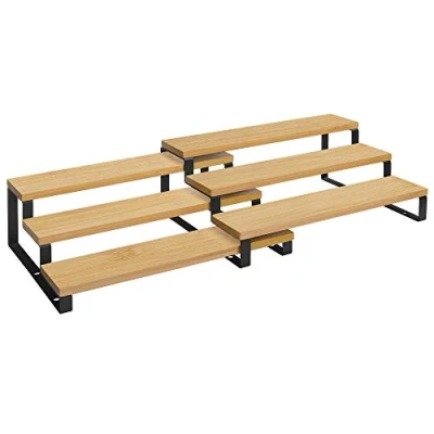 Afbeelding van SONGMICS Kruidenrekken, Keukenrekken, set van 2, elk met 3 planken, bamboe, uitschuifbaar, stapelbaar, voor pantry, keuken, werkblad, natuurlijk zwart KCS016N01