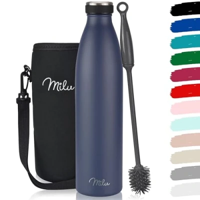 Afbeelding van Milu Roestvrijstalen Drinkfles 350ml 500ml 750ml 1000ml Thermosfles Geïsoleerde Waterfles, Lekvrije Fles Dubbelwandig Koolzuurhoudend Incl. reinigingsborstel (marineblauw, 1000 ml)