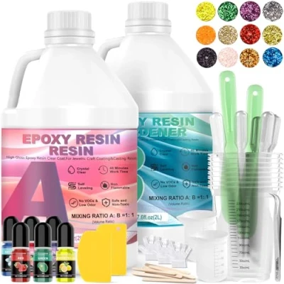 Afbeelding van MWZEAUL Epoxyharsset 4L, 1,1 gallon Kristalheldere zelfnivellerende epoxyhars met harsgietaccessoires, 1:1 mengsel verharder Beginners voor hout Home Decor Molding Sieraden Ambachten