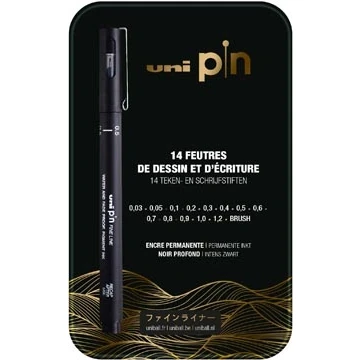 Afbeelding van Uni Pin fineliner set blik zwart 14 stuks