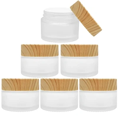 Afbeelding van INHEMING glazen potten met bamboedeksel, 6 stuks mat potjes, crèmeblik leeg, crèmepotje zalfpotjes deksel, reishouder voor zalven en lotions, 30 ml