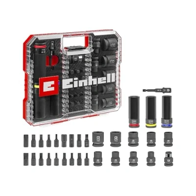 Afbeelding van Originele Einhell Impact 32 delige doppenset (18 x 30 mm Kraftbits, 9 40 doppen, 3 80 S2 en CrMo staal, kunststof huls, automotive)