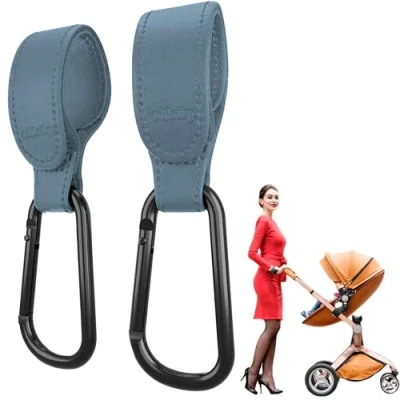 Afbeelding van Edibaby, Kinderwagenhaken, Accessoires, van Leer, 2 Stuks, Universeel Gebruik, Karabijnhaken voor Kinderwagens het Ophangen Tassen, Rugzakken, Portemonnees etc. (Grijs)