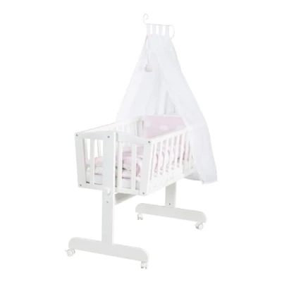 Afbeelding van roba Babywieg Kleine Wolk 40 x 90 cm van hout wieg &amp; bedset compleet met vergrendelfunctie en textiele uitvoering wit/roze