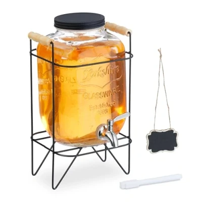 Afbeelding van Relaxdays drankdispenser met standaard 5 liter glas rvs kraantje reliëf