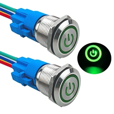 Afbeelding van Aiqeer 2 stuks 19 mm drukknopschakelaar, zelfblokkerend, 12 V/24 V, 5 A, drukknopschakelaar van roestvrij staal, waterdicht, IP67, met voorbedrade stekker (groene led)