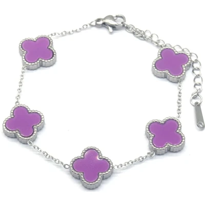 Afbeelding van Armband Dames Klavers RVS Lengte 17 21 cm Zilverkleurig en Paars