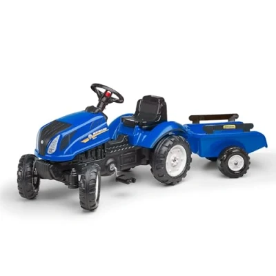 Afbeelding van Falk Traptractor New Holland met Aanhanger Blauw Kunststof Max. 30 kg Voor Kinderen vanaf 2 jaar Slijtvaste wielen Toeter Geluid