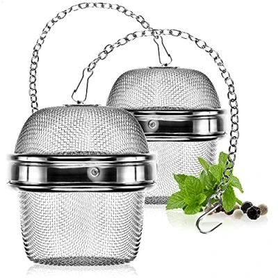 Afbeelding van COM FOUR® 2x theezeef van roestvrij staal 304 thee ei Ø 6,5 cm voor losse thee, specerijen en kruiden fijnmazig theefilter met ketting kruidenzeef koken
