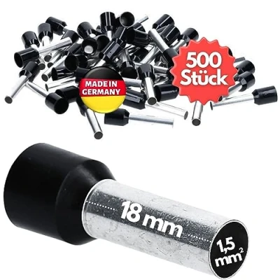 Afbeelding van 500 stuks Kalitec AE1518SW adereindhulzen geïsoleerd 1,5 mm² 18 mm lang zwart I Made in Germany Industriële kwaliteit