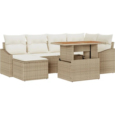 Afbeelding van vidaXL 7 delig tuin eetset met kussens beige poly rattan acacia