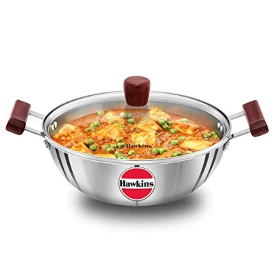Afbeelding van HAWKINS Tri Ply roestvrij staal inductie compatibel diepe Kadhai (Deep Fry Pan) met glazen deksel, inhoud 4 liter, diameter 28 cm, dikte 3 mm, zilver (SSK40G)