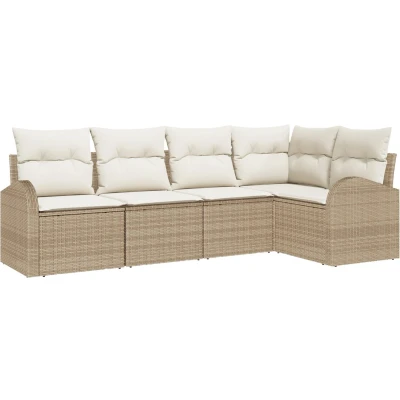 Afbeelding van vidaXL 5 delige tuinsofaset met kussens Beige poly rattan, 2 zits tuinsofa opbergruimte &amp; rattan