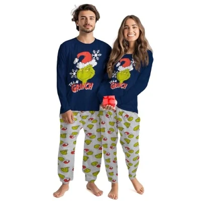 Afbeelding van United Labels Grinch pyjama voor dames en heren, blauw/grijs, pyjamaset lang, winter Kerstmis, XL