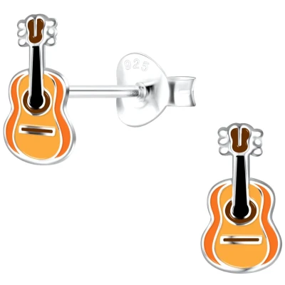 Afbeelding van JoyS Zilveren gitaar oorbellen 5 x 9 mm oranje bruin kinderoorbellen