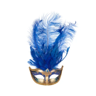 Afbeelding van Venetiaans masker grote veer blauw