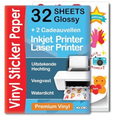 Afbeelding van Premium afdrukbaar vinyl stickerpapier 32 vellen glanzend A4 waterdicht laser en inkjetvinyl voor Cricut