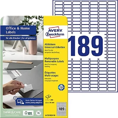 Afbeelding van AVERY Zweckform L4731REV 10 Universele etiketten (1890 zelfklevende etiketten, 25,4 x mm op A4, zonder resten te verwijderen, individueel bedrukbaar, stickers), vellen, wit