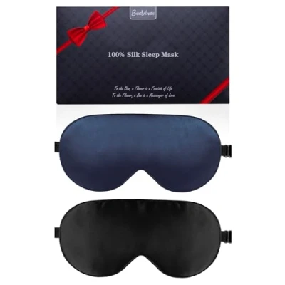 Afbeelding van zijden slaapmasker, 2 pack 100% echt natuurlijk, puur oogmasker met verstelbare riem, oogslaapmasker, BeeVines Eye Sleep Shade Cover voor zomerreizen Vermindert gezwollen ogen (zwart en blauw)