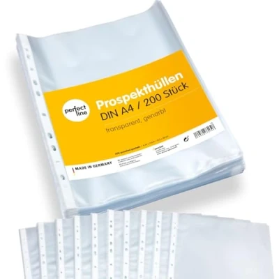 Afbeelding van perfect line 200 insteekhoezen DIN A4, transparante films, korrelig, stabiele premium heldere zuurvrij, made in EU