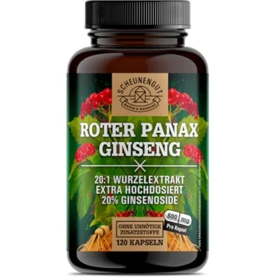 Afbeelding van ginseng capsules 1800 mg per dagelijkse dosis Belangrijk: 20:1 Rode Panax Extract (=36000 ginseng) I maximale biologische beschikbaarheid +20% ginsenosiden 120 stuks DE
