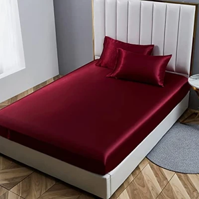Afbeelding van Damier Satijnen hoeslaken, 180 x 200 cm, wijnrood met zijdeglans, luxe effen geschikt voor matrassen tot 30 cm hoog