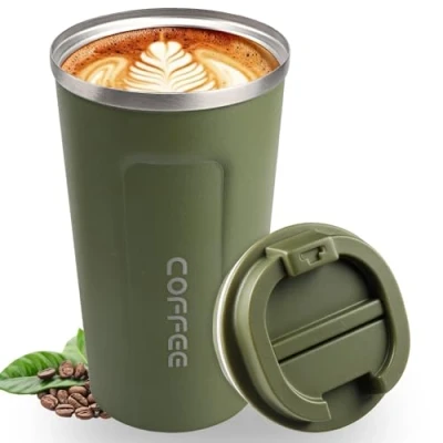 Afbeelding van Lrocotanc Thermosbeker van roestvrij staal Thermobeker Reismok Koffiemok met deksel Ideaal voor gebruik onderweg Milieuvriendelijk een inhoud 380 ml (groen)