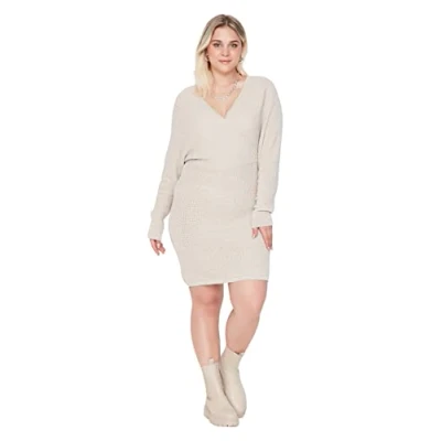 Afbeelding van Trendyol Vrouwen Vrouw Standaard V hals Geweven Plus Size Jurk, Zwart, 4XL grote maten