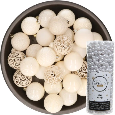 Afbeelding van 37x stuks kunststof kerstballen 6 cm inclusief kralenslinger wol wit Kerstbal