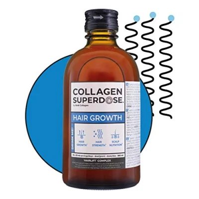 Afbeelding van GOLD COLLAGEN Superdose Collageen, sterk haar, vloeibare toevoeging voor huid, nagels met gehydrolyseerde zeekollageen, vitamine C, biotine, zink selenium, haar tegen haaruitval en groei, 300 ml