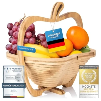 Afbeelding van Dimono® bamboe uitklapbare fruitmand, fruitschaal, groenteschaal en onderzetter mand &amp; snijplank, 3 in 1 prachtig appel design