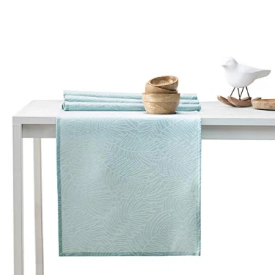 Afbeelding van AmeliaHome Tafelloper set 35 x 180 cm en 115 lotuseffect waterafstotende bladeren munt Gaia