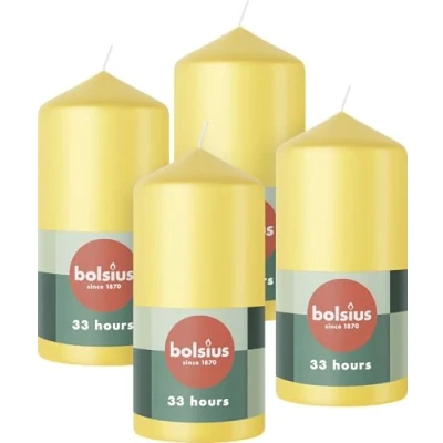 Afbeelding van Bolsius Gladde stompkaarsen, geel, 4 stuks, 12 x 6 cm, decoratieve kaarsen voor huishoudelijk gebruik, lengte brandduur 33 uur, ongeparfumeerd, bevat natuurlijke plantenwas, zonder palmolie