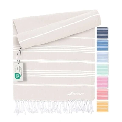 Afbeelding van Fit Flip Hamamdoek Strandhanddoek XXL van 100% gerecycled katoen sneldrogend strandlaken, fouta, pestemal Turkse handdoek ideaal als hamam saunahanddoek en sarong Zand 200x200cm Sultan