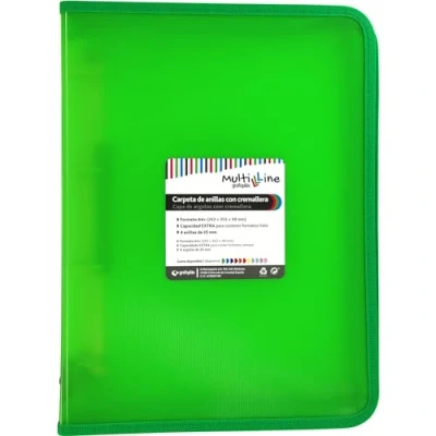 Afbeelding van Grafoplás Ringband met ritssluiting, A4+, groen, multiline, 4 gemengde ringen van 25 mm, verticale gelinieerde polypropyleen afdekking, extra capaciteit voor papieren vellen in folioformaat