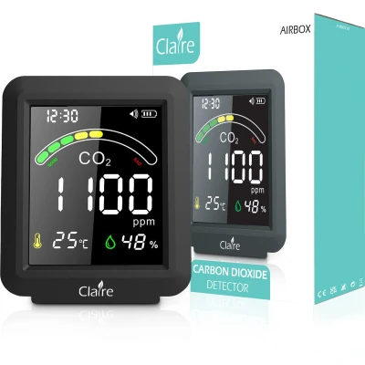 Afbeelding van Claire Airbox CO2 meter Luchtkwaliteitsmeter Met hygrometer en thermometer Draagbaar &amp; oplaadbaar Zelfkalibrerende NDIR sensor