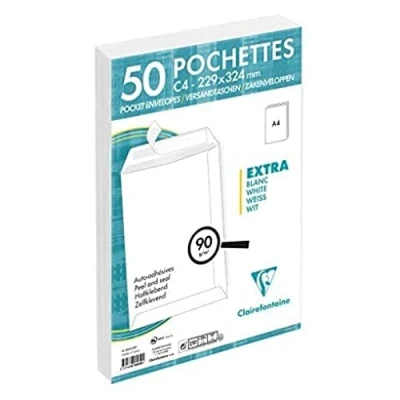Afbeelding van Clairefontaine 805050C Doos van 50 witte enveloppen C4 formaat 229x324 mm Zelfklevend 90 g/m².