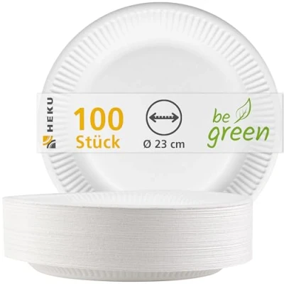 Afbeelding van HEKU Grote papieren borden Ø 23 cm, 100 stuks, wit, 100% composteerbaar, robuuste 220 g/m² verse vezels, ideaal voor verschillende gelegenheden, milieuvriendelijke wegwerpborden